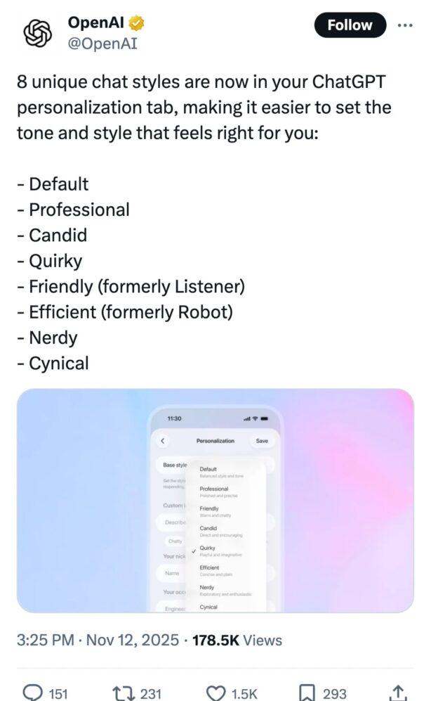 ChatGPT 8種對話風格選擇界面