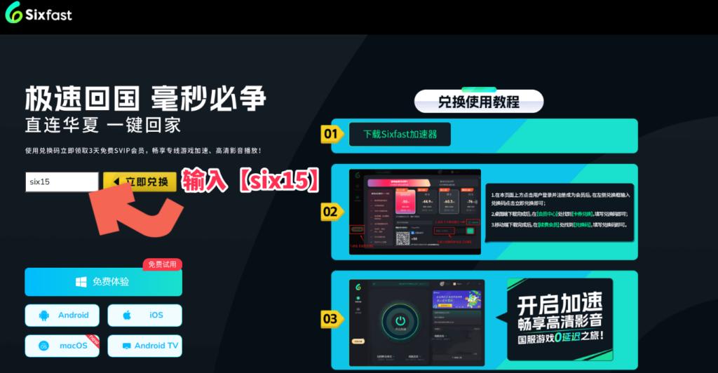 Sixfast官方網頁兌換時長頁面示意圖,展示填寫兌換碼six15a的位置