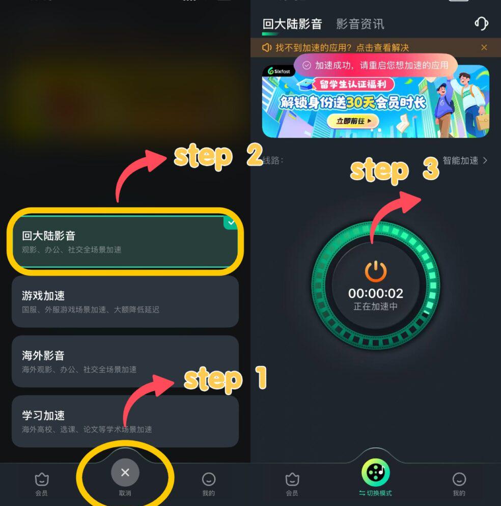 Sixfast影音模式加速介面示意圖